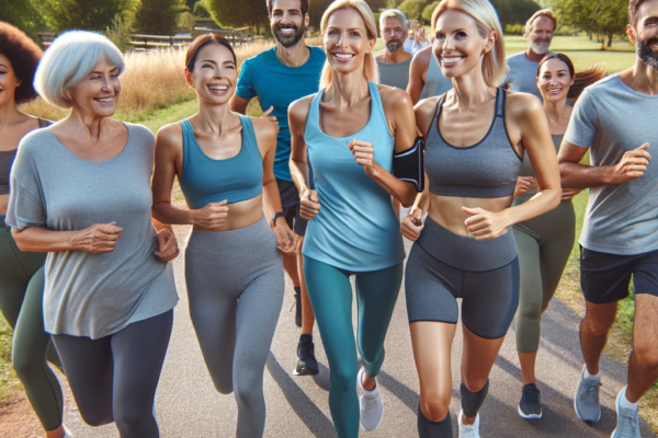 Diverse group of people jogging together outdoors for health and well-being