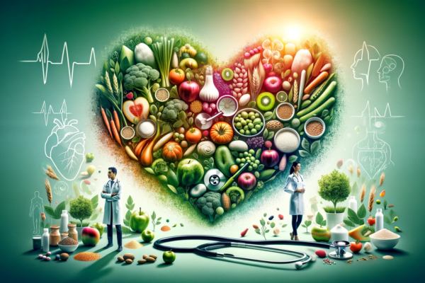 Nutrition and health concept showing diverse healthcare professionals and a variety of fresh, healthy foods arranged around a stethoscope.