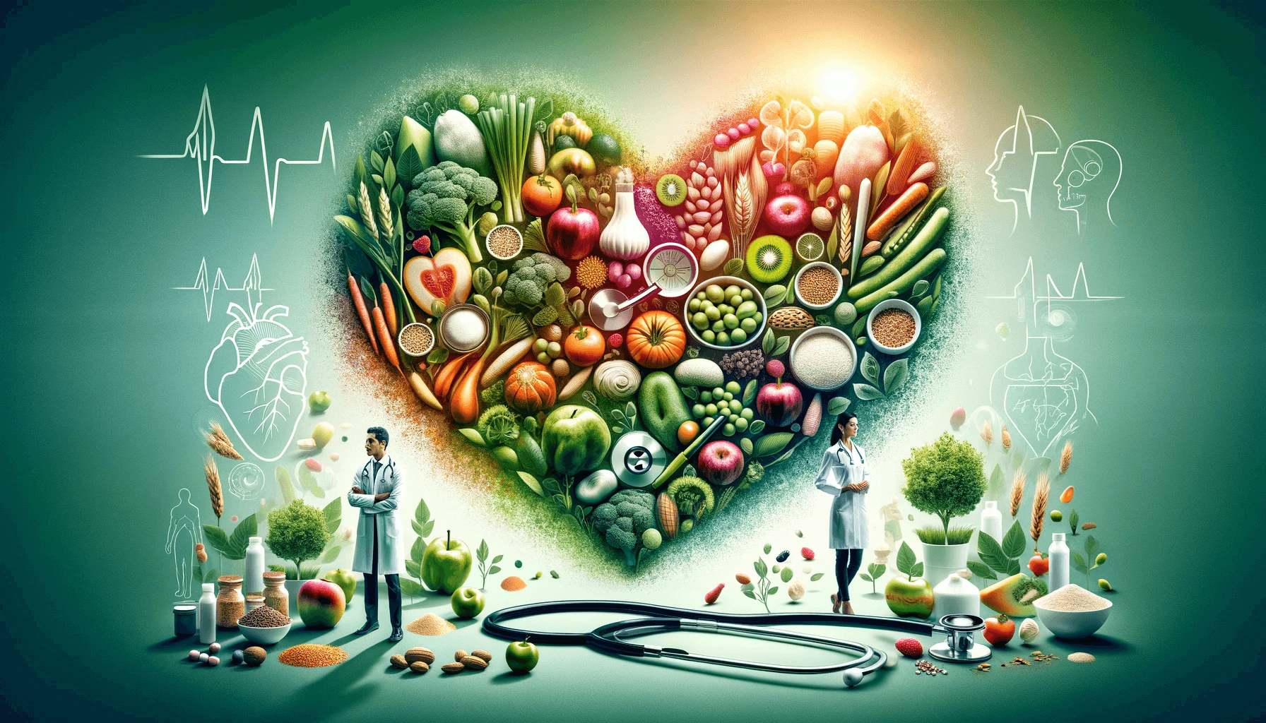 Nutrition and health concept showing diverse healthcare professionals and a variety of fresh, healthy foods arranged around a stethoscope.