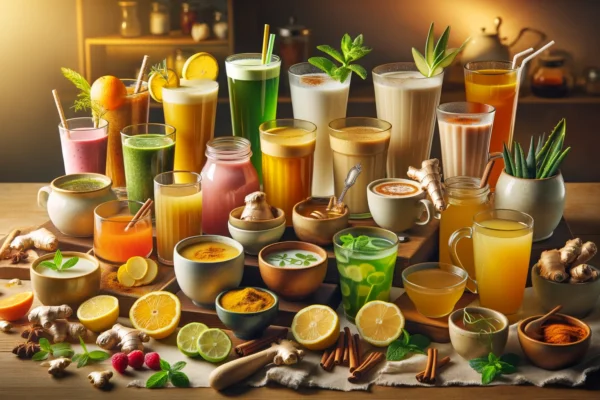 Assortment of ten immune-boosting beverages including green tea, ginger lemon tea, turmeric milk, fruit smoothies, bone broth, herbal teas, warm water with honey and cinnamon, vegetable broth, aloe vera juice, and coconut water in a cozy kitchen setting.