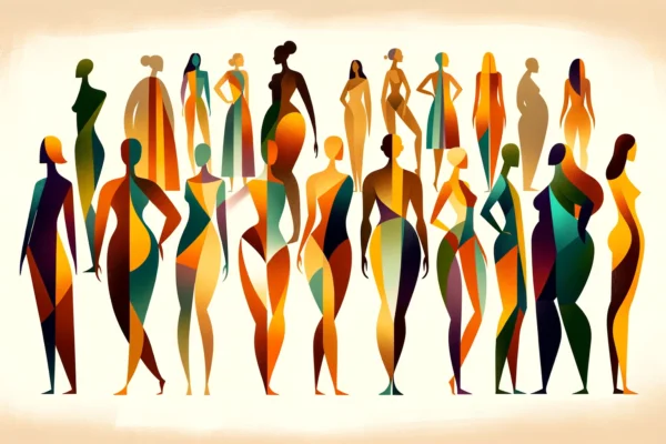 Illustration of diverse human body shapes, including apple, pear, hourglass, rectangle, and inverted triangle, standing side by side.