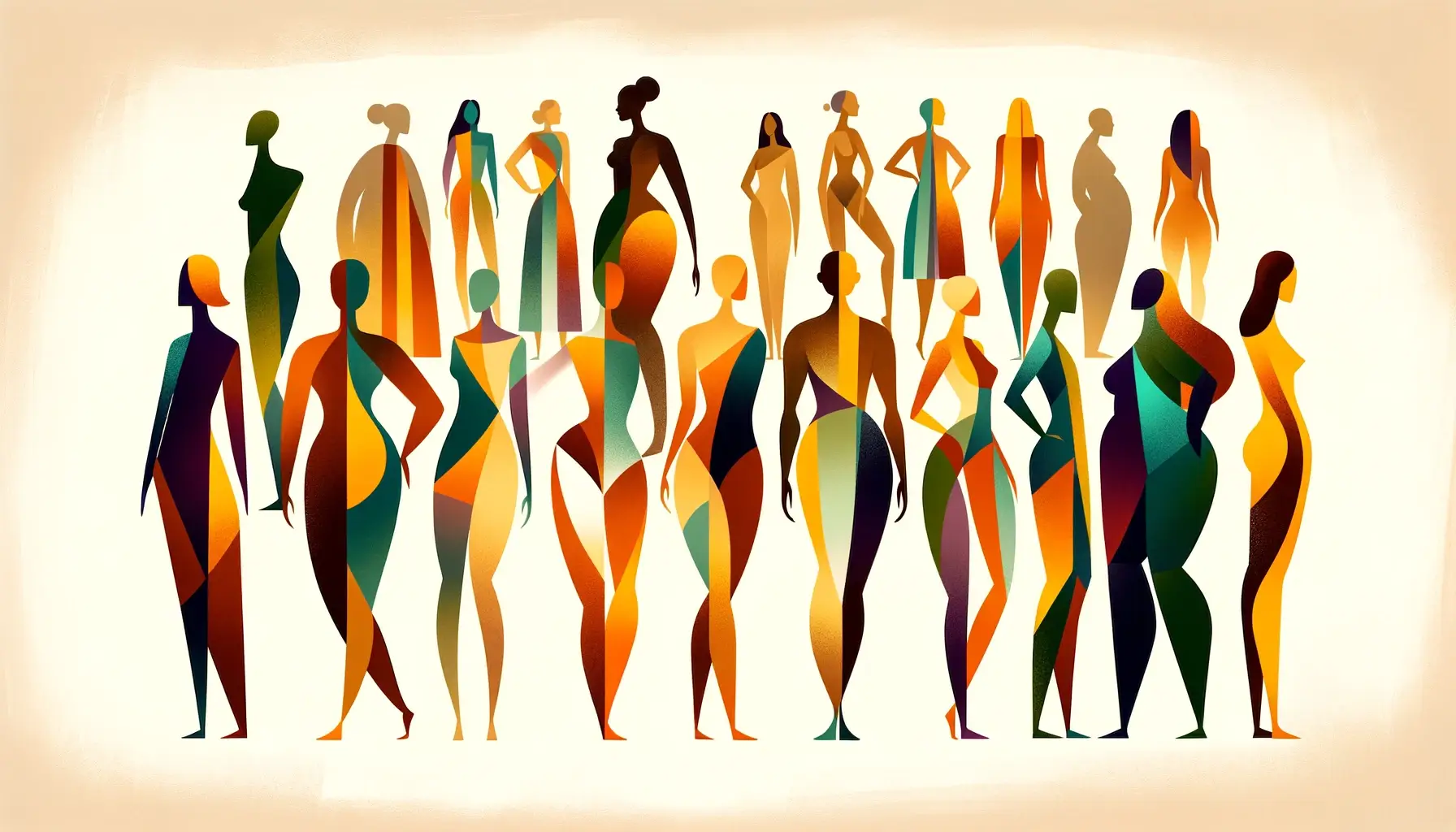 Illustration of diverse human body shapes, including apple, pear, hourglass, rectangle, and inverted triangle, standing side by side.