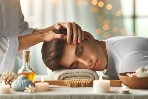 Relaxing head massage in a serene, spa-like setting