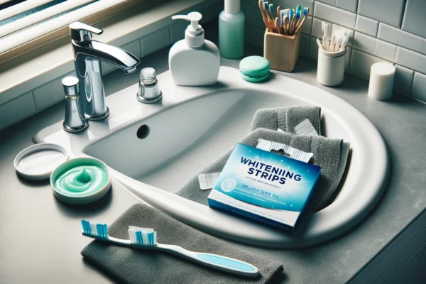 Bright bathroom setting with toothbrush, toothpaste, and whitening strips on a sink, symbolizing the decision of brushing after teeth whitening