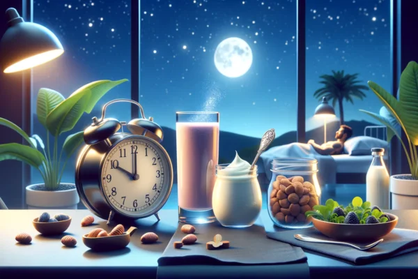 Nighttime scene with a clock showing night hours and a glass of protein shake, symbolizing the benefits of protein intake before bed for muscle growth