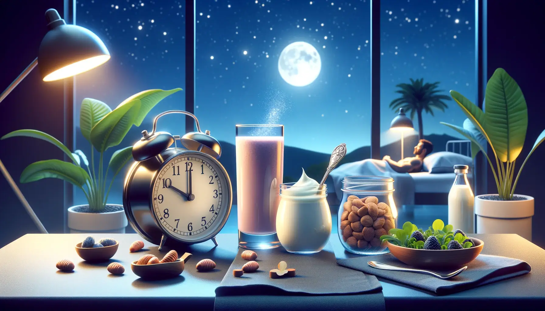 Nighttime scene with a clock showing night hours and a glass of protein shake, symbolizing the benefits of protein intake before bed for muscle growth