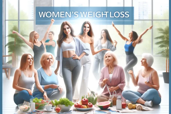 Diverse group of women engaging in healthy activities for weight loss, including exercise, balanced eating, and mindfulness