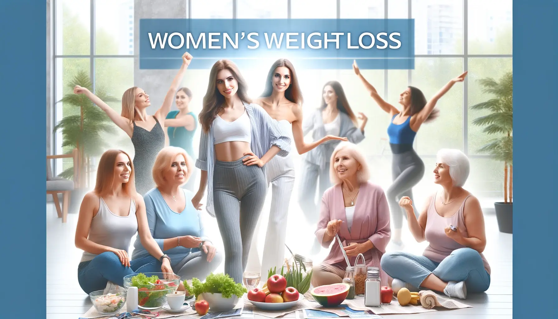 Diverse group of women engaging in healthy activities for weight loss, including exercise, balanced eating, and mindfulness