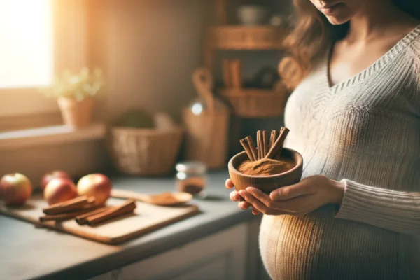 Pregnant woman in kitchen holding cinnamon, symbolizing article on cinnamon safety during pregnancy
