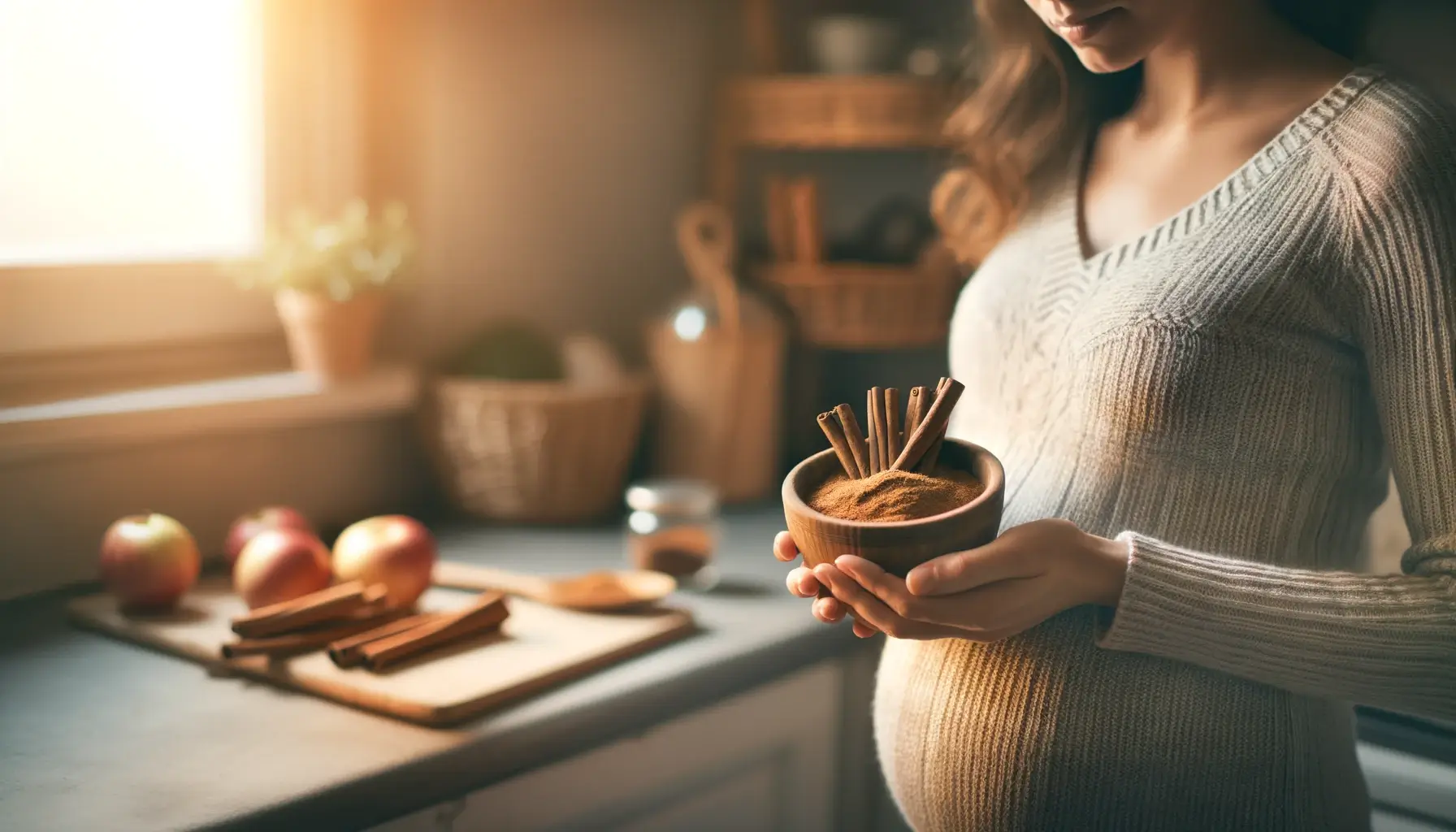 Pregnant woman in kitchen holding cinnamon, symbolizing article on cinnamon safety during pregnancy