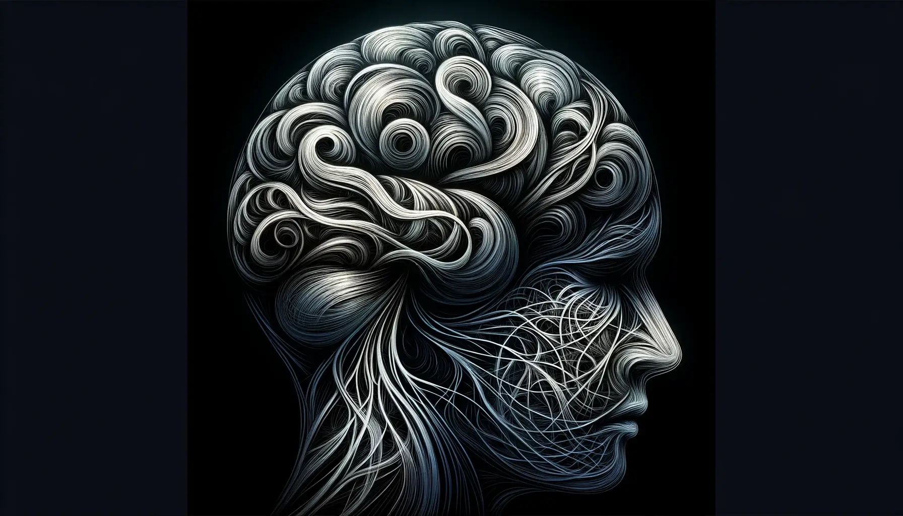 "Artistic representation of mental illness with a complex human brain in intertwined lines and shades symbolizing mental health highs and lows."